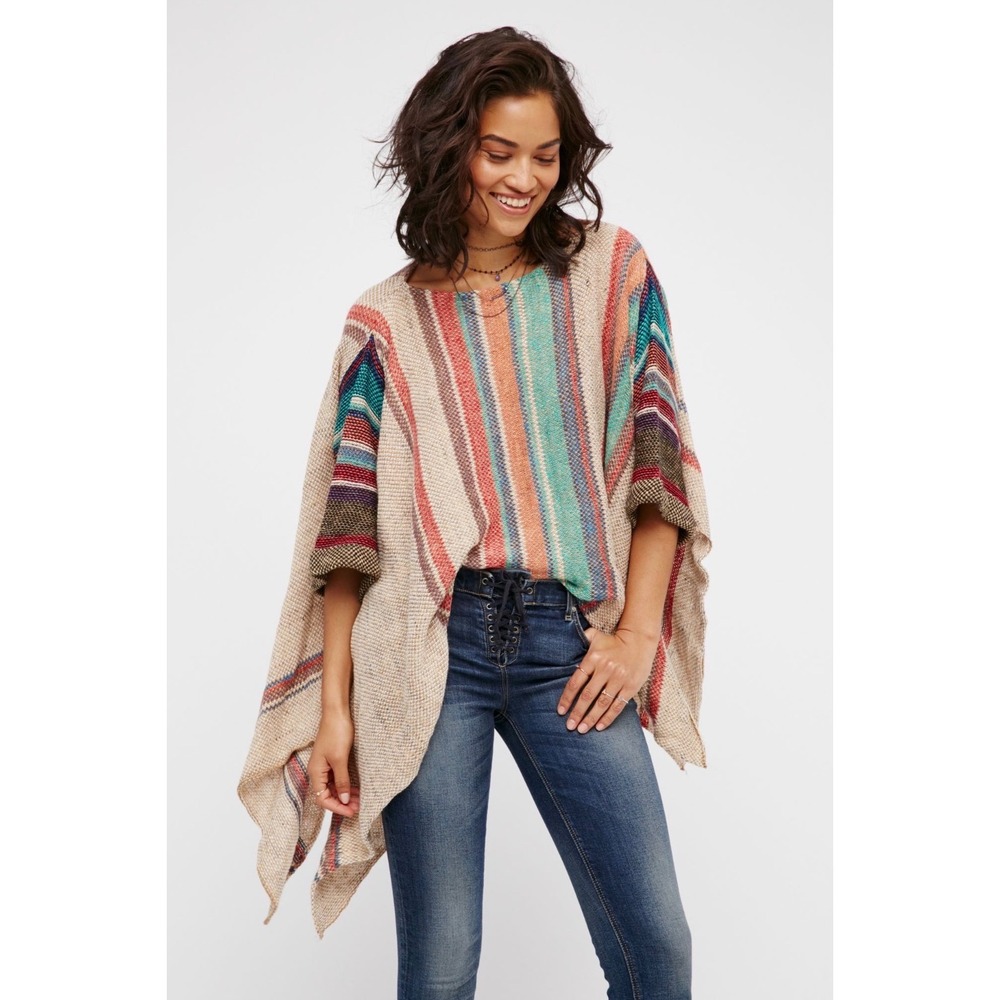 Free People Fressia Stripe Pullover Poncho Multi Color Asymmetrical M/L